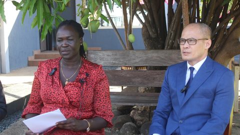 Amb. Apuk Ayuel Mayen, Spokesperson of the Ministry of Foreign Affairs (Left) and Thongxay Nilakout, Laos national speaks to media at Juba International Airport on Thursday (Photo by Awan Achiek)