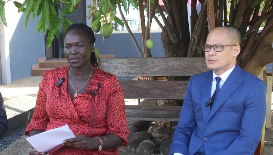 Amb. Apuk Ayuel Mayen, Spokesperson of the Ministry of Foreign Affairs (Left) and Thongxay Nilakout, Laos national speaks to media at Juba International Airport on Thursday (Photo by Awan Achiek)