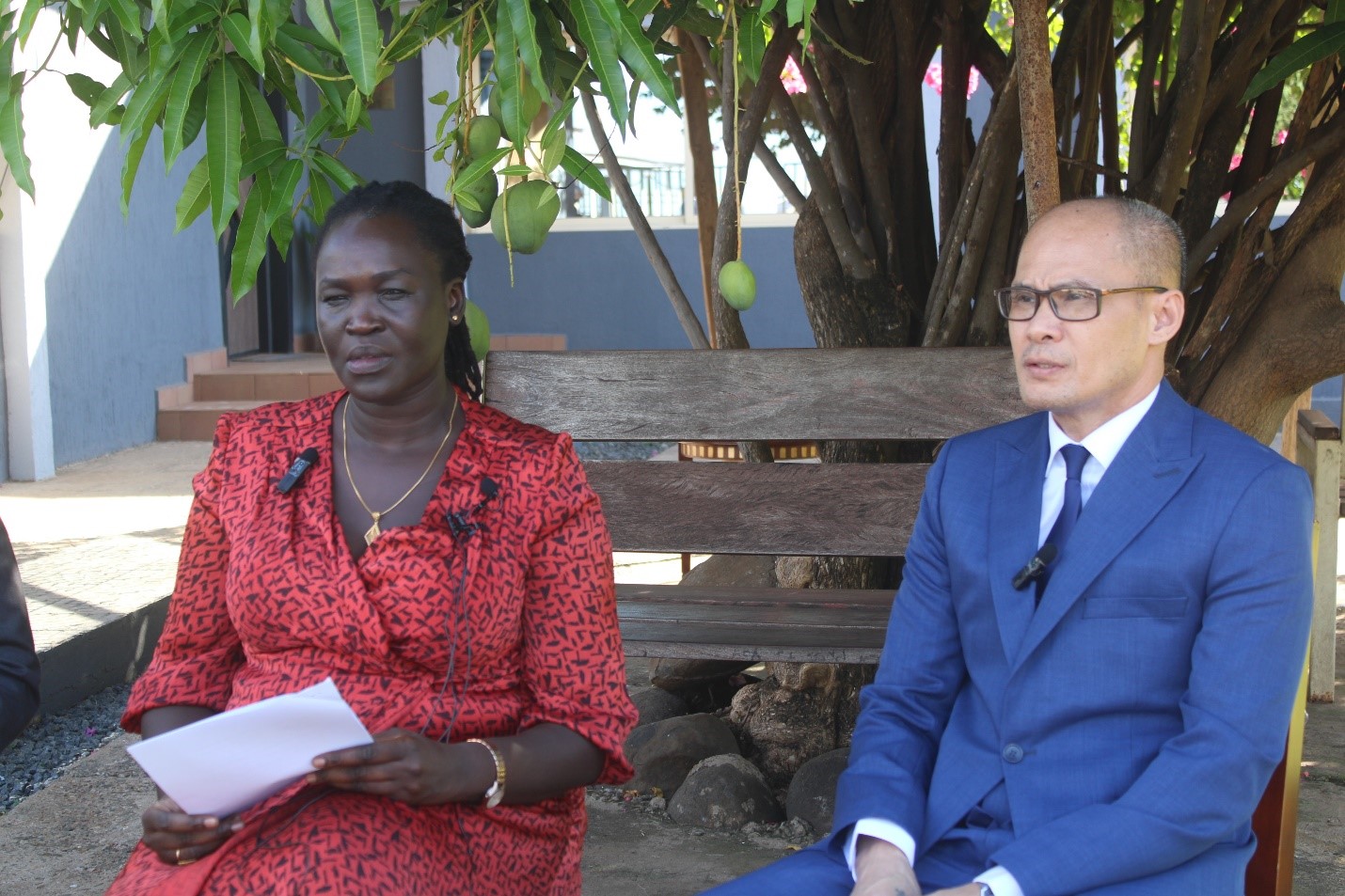 Amb. Apuk Ayuel Mayen, Spokesperson of the Ministry of Foreign Affairs (Left) and Thongxay Nilakout, Laos national speaks to media at Juba International Airport on Thursday (Photo by Awan Achiek)
