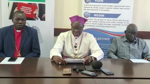 The leadership of South Sudan council of churches addressing the media credit Jenifer James