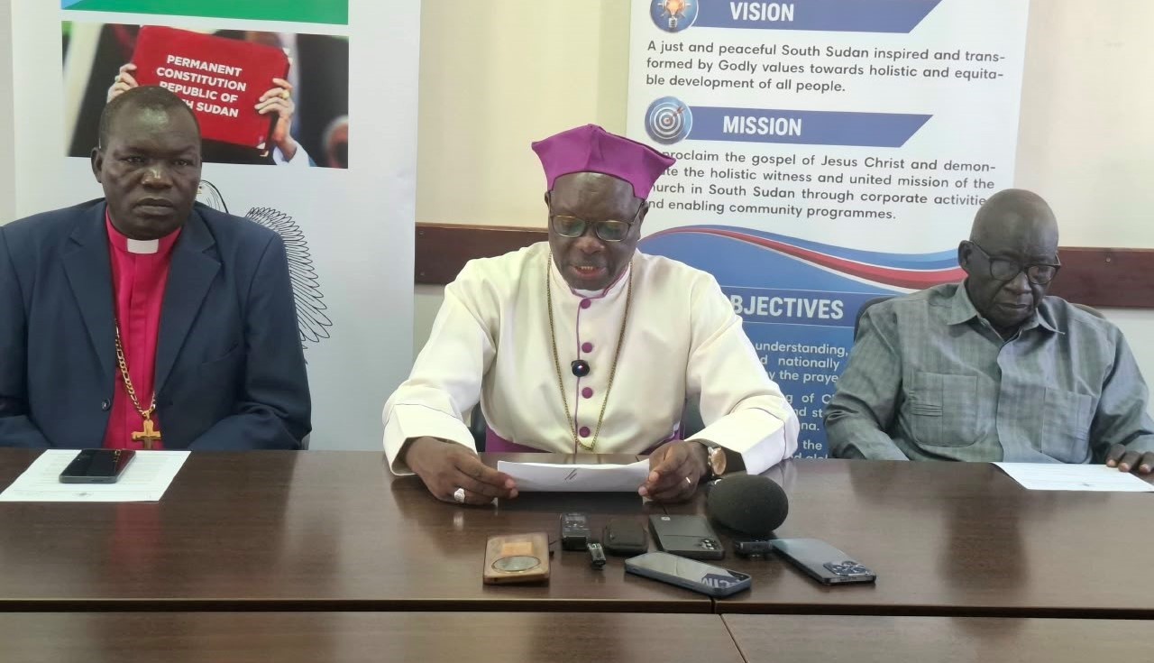 The leadership of South Sudan council of churches addressing the media credit Jenifer James