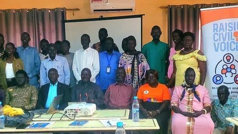 Representatives of CEPO, government women groups, youth and Media pose for a photo during the workshop on Civic Education on Elections in South Sudan in Lake state