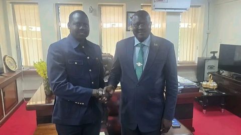 Caretaker Information Minister, Ateny Wek Ateny (Right) shake hands with Reech Ring Bol, Managing Director of National Social Insurance Fund (Left) after meeting in Juba (Photo by Simon Deng)