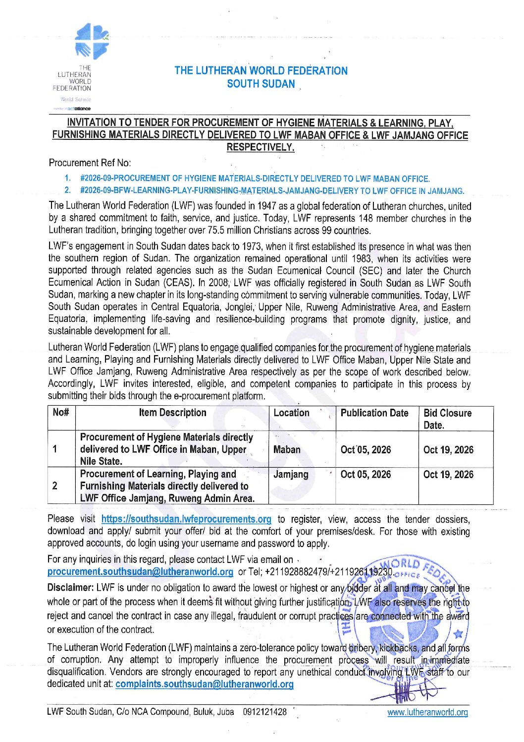 INVITATION TO TENDER FOR PROCUREMENT OF HYGIENE MATERIALS & LEARNING, PLAY, FURNISHING MATERIALS DIRECTLY DELIVERED TO LWF MABAN OFFICE & LWF JAMJANG OFFICE RESPECTIVELY.