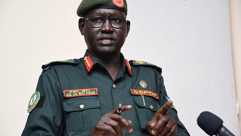 Maj. Gen. Lul Ruai Koang, SSPDF spokesperson, briefed the press about the general security situation in South Sudan today in SSPDF military headquarters in Bilpam, Juba. Photo by Jok Solomun.