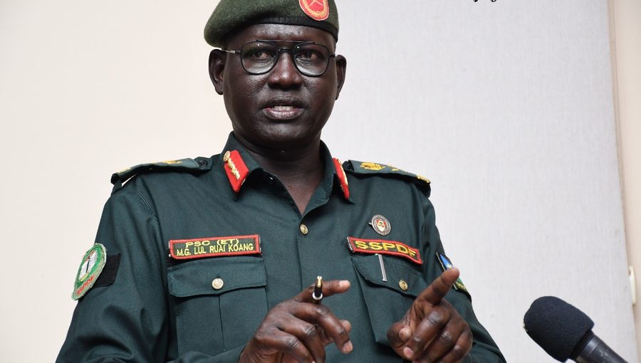 Maj. Gen. Lul Ruai Koang, SSPDF spokesperson, briefed the press about the general security situation in South Sudan today in SSPDF military headquarters in Bilpam, Juba. Photo by Jok Solomun.